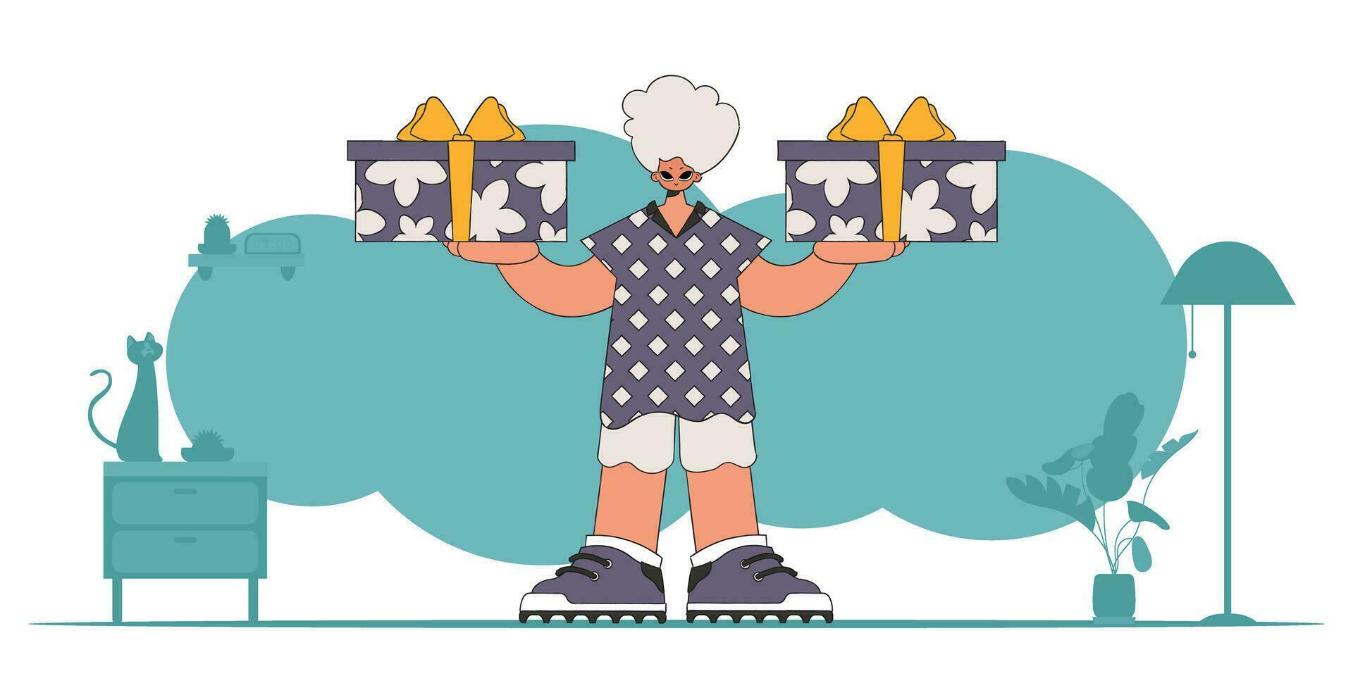 The concept of the holiday and gifts. The guy is holding gifts. Character in the style of the 90s. vector