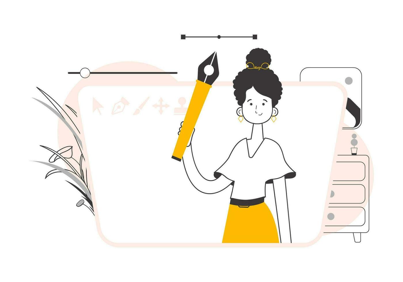 The girl designer holds a pen tool for 2D graphics in her hand. Linear trendy style. Vector illustration.