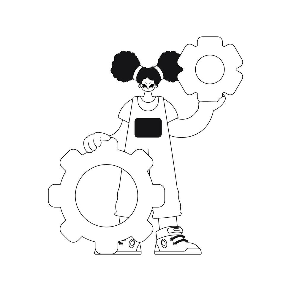 Girl holds gears in hands. lineart illustration. vector