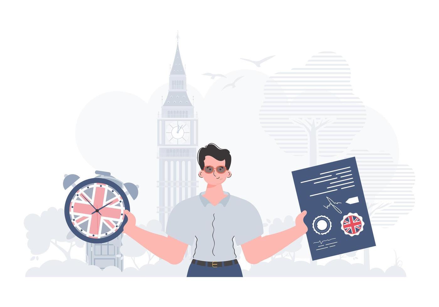 The concept of learning English. Male teacher shows that it's time to learn English. Flat modern style. Illustration in . vector