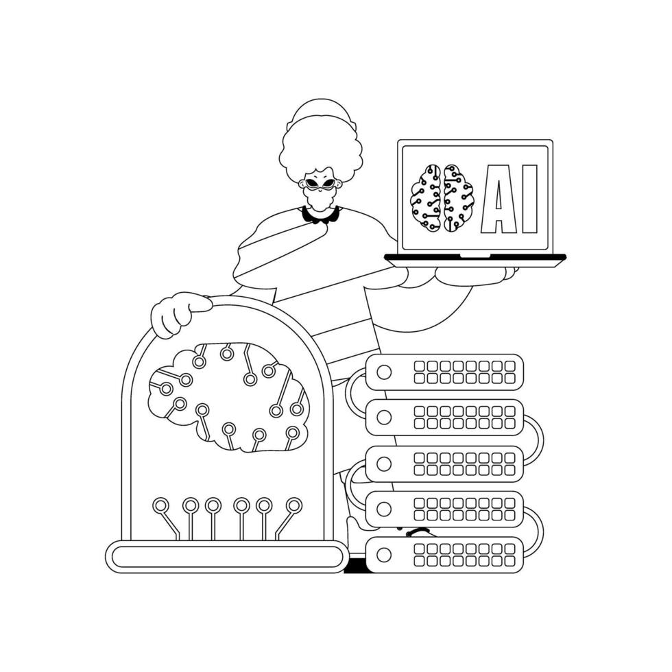 A cartoon man holding a laptop and a computer vector