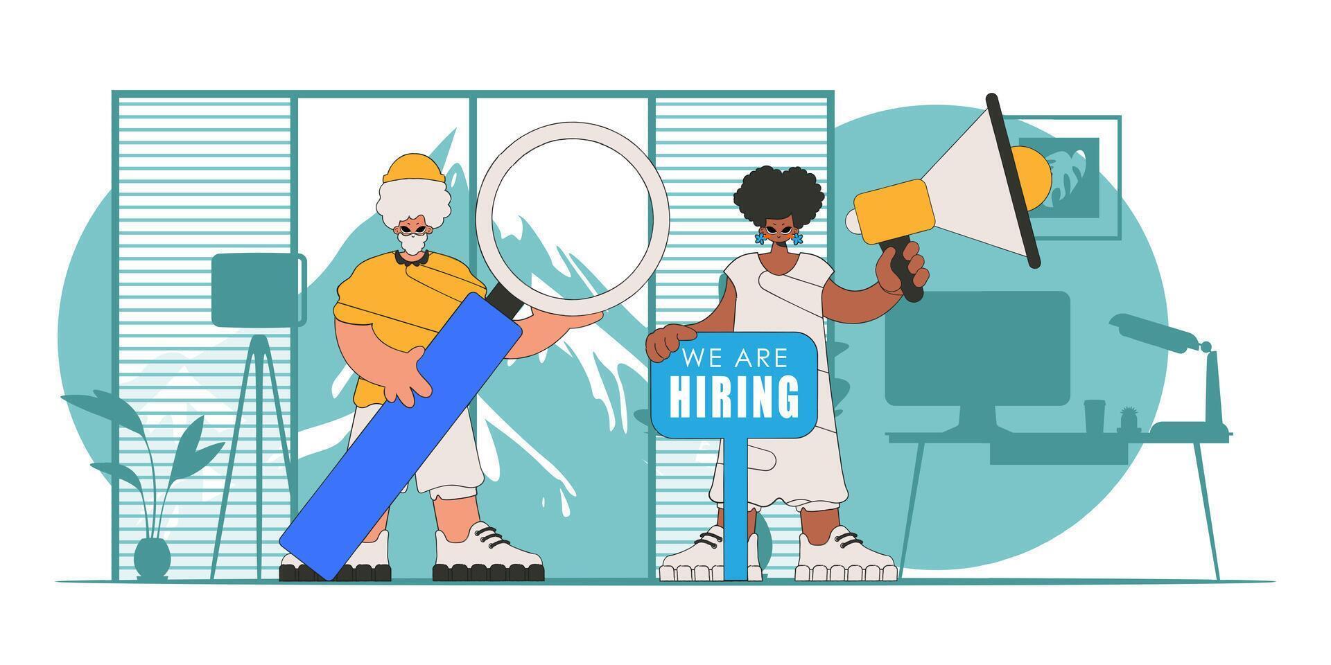 Man and woman specialists Recruitment and search for personnel. vector