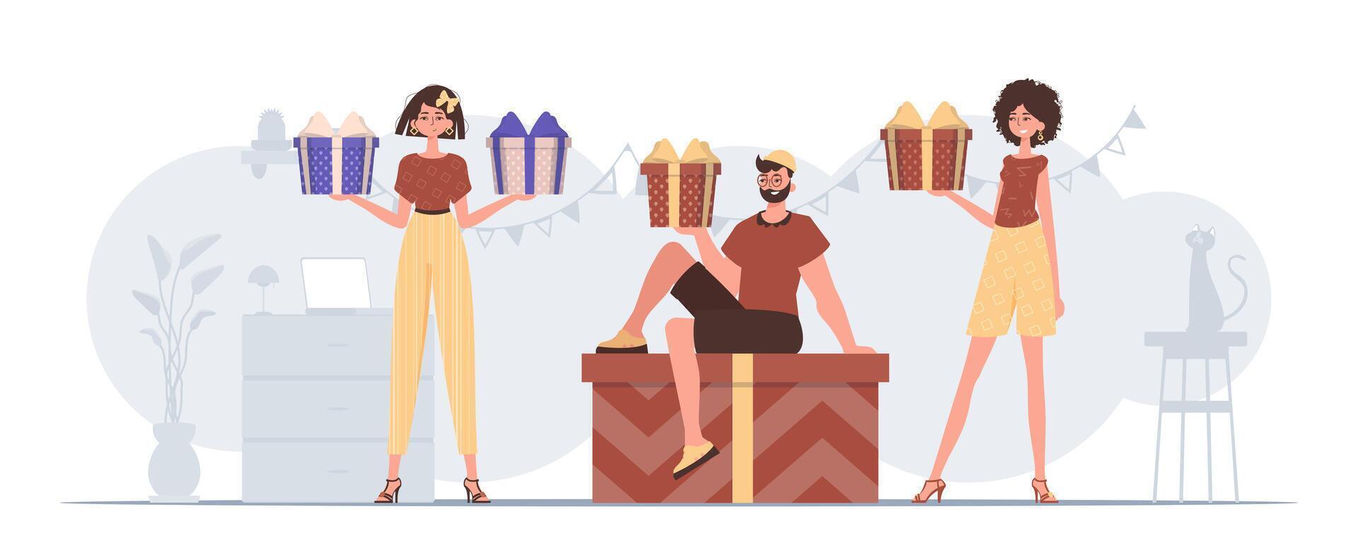 A group of people is holding a gift box in their hands. Modern character style. vector