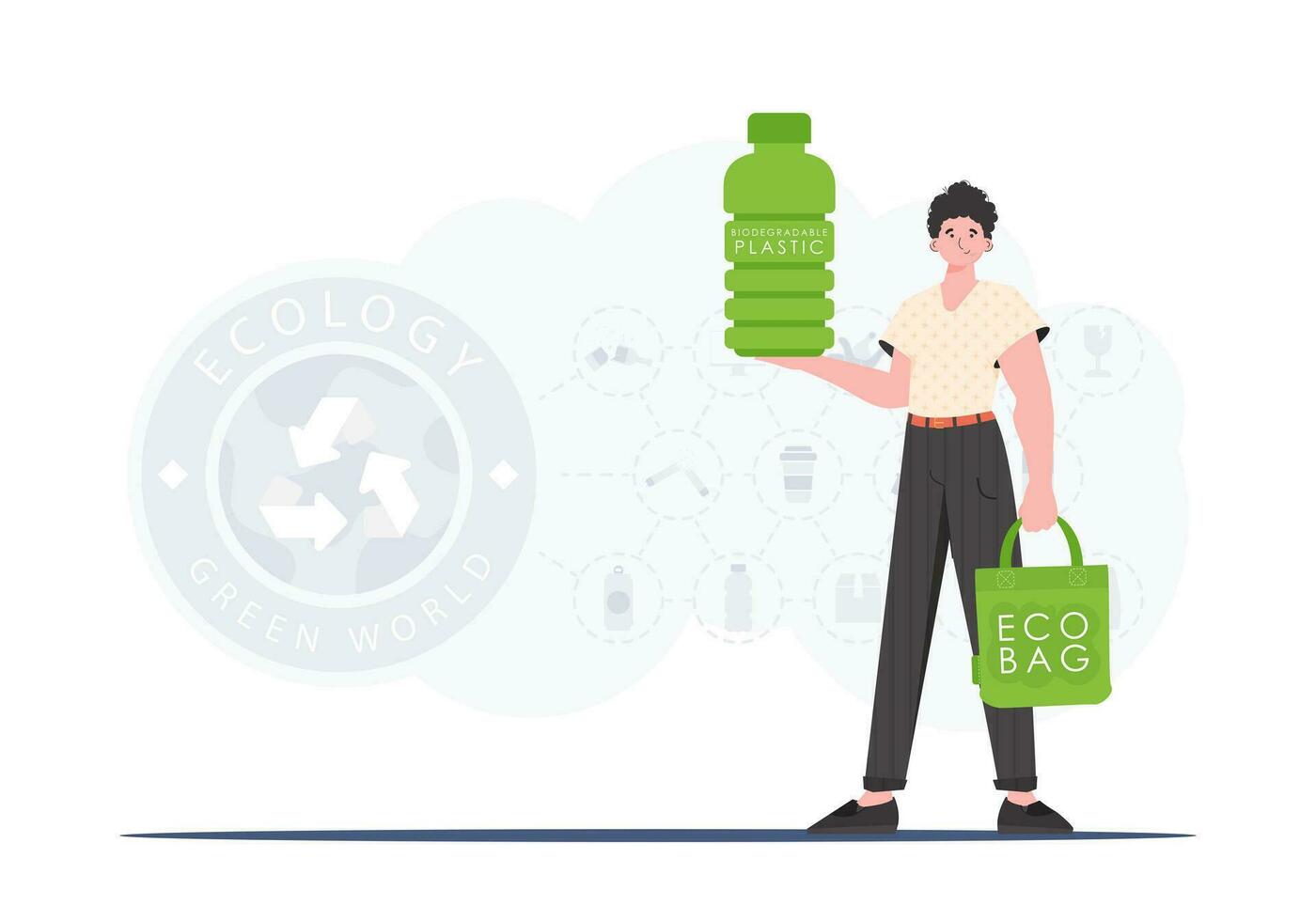 The concept of ecology and care for the environment. The guy holds a bottle of biodegradable plastic in his hands. Trend style.Vector illustration. vector