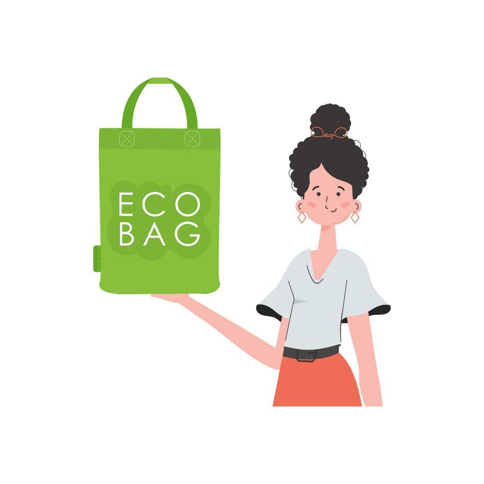 un mujer sostiene un eco bolso en su manos. concepto de verde mundo y ecología. aislado en blanco antecedentes. Moda tendencia ilustración en vector. vector