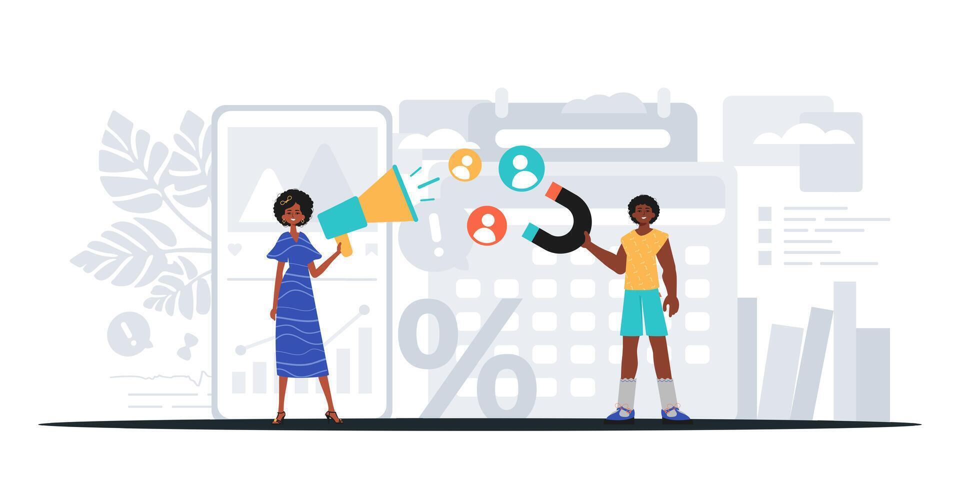 A man and woman are standing next to each other with social icons vector