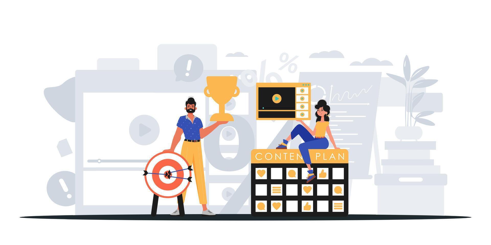 Two people are standing next to a computer with a target and a clock vector