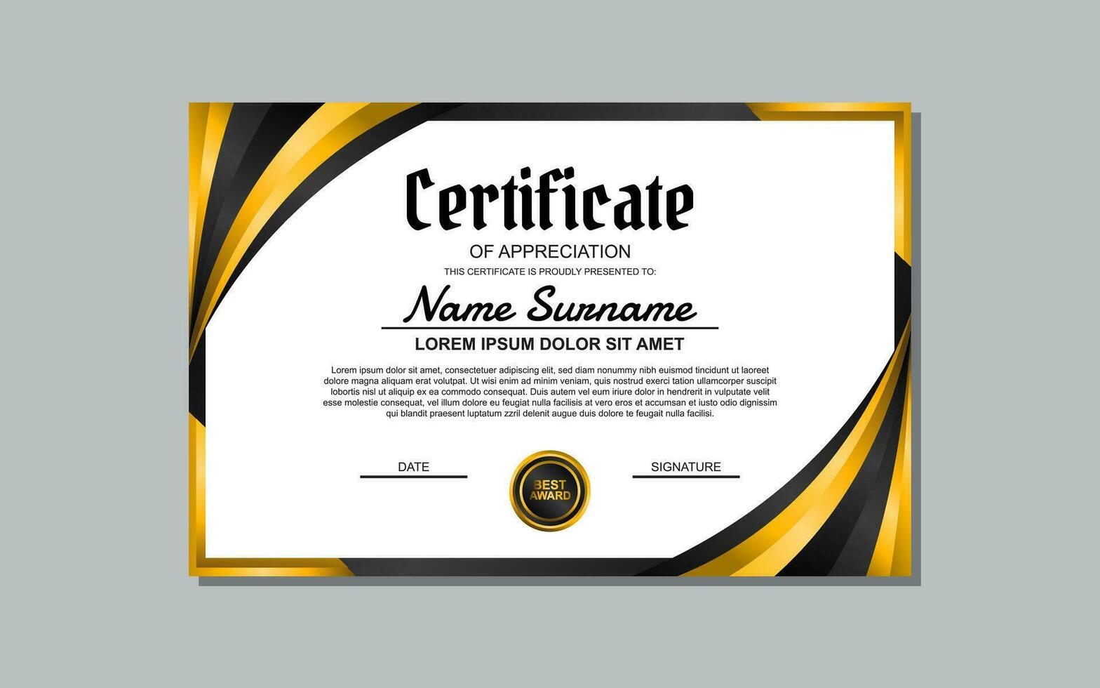 a certificate template with a gold and black design vector