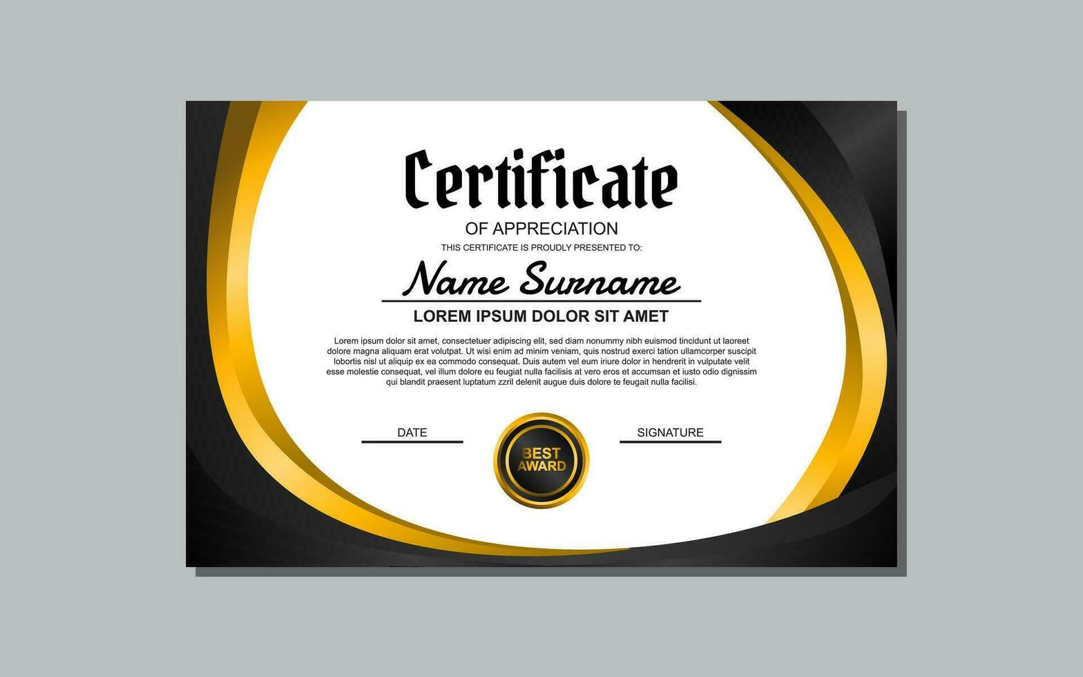 a certificate template with a gold and black design vector