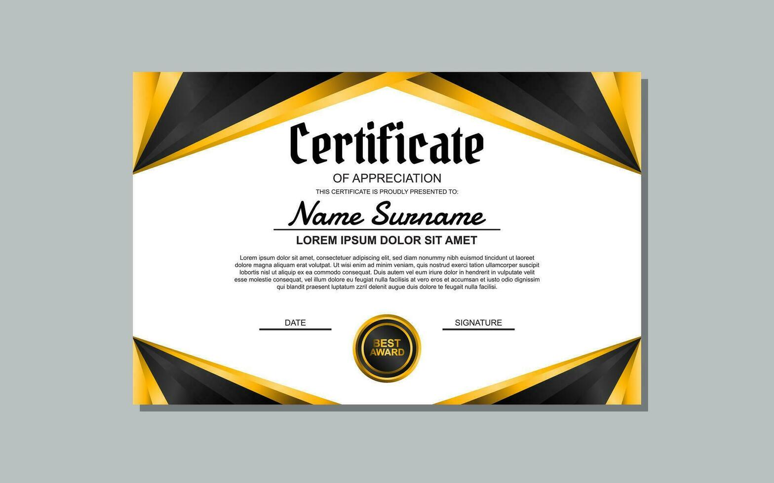 a certificate template with a gold and black design vector