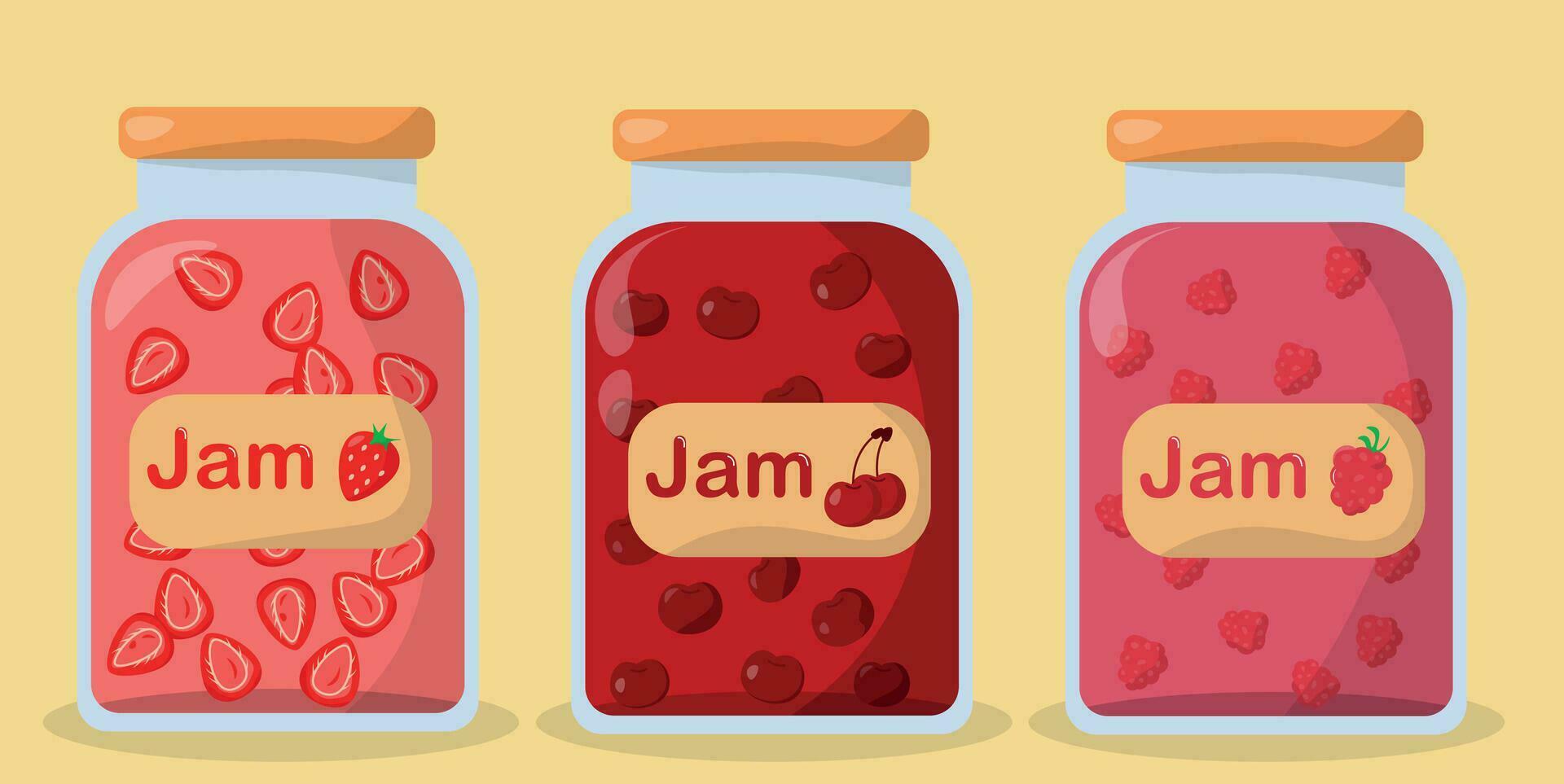 three jars of jam with different flavors vector