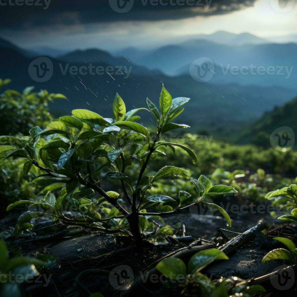 Scenic view of lush tea garden on highland, with early morning smog, great use for farming concept, agriculture, agronomy, background, education, business etc. Generative Ai Images photo