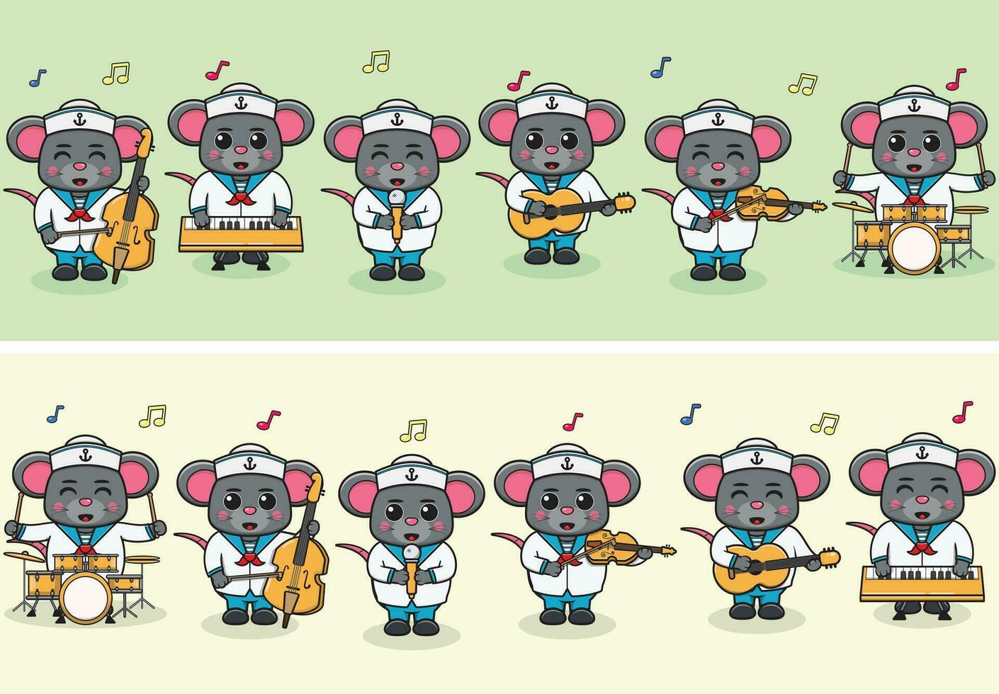 Vector Illustration of Cute Mouse sailors Music Band. Big set of cute Animal cartoon in professions. Mouse Cartoon flat style.