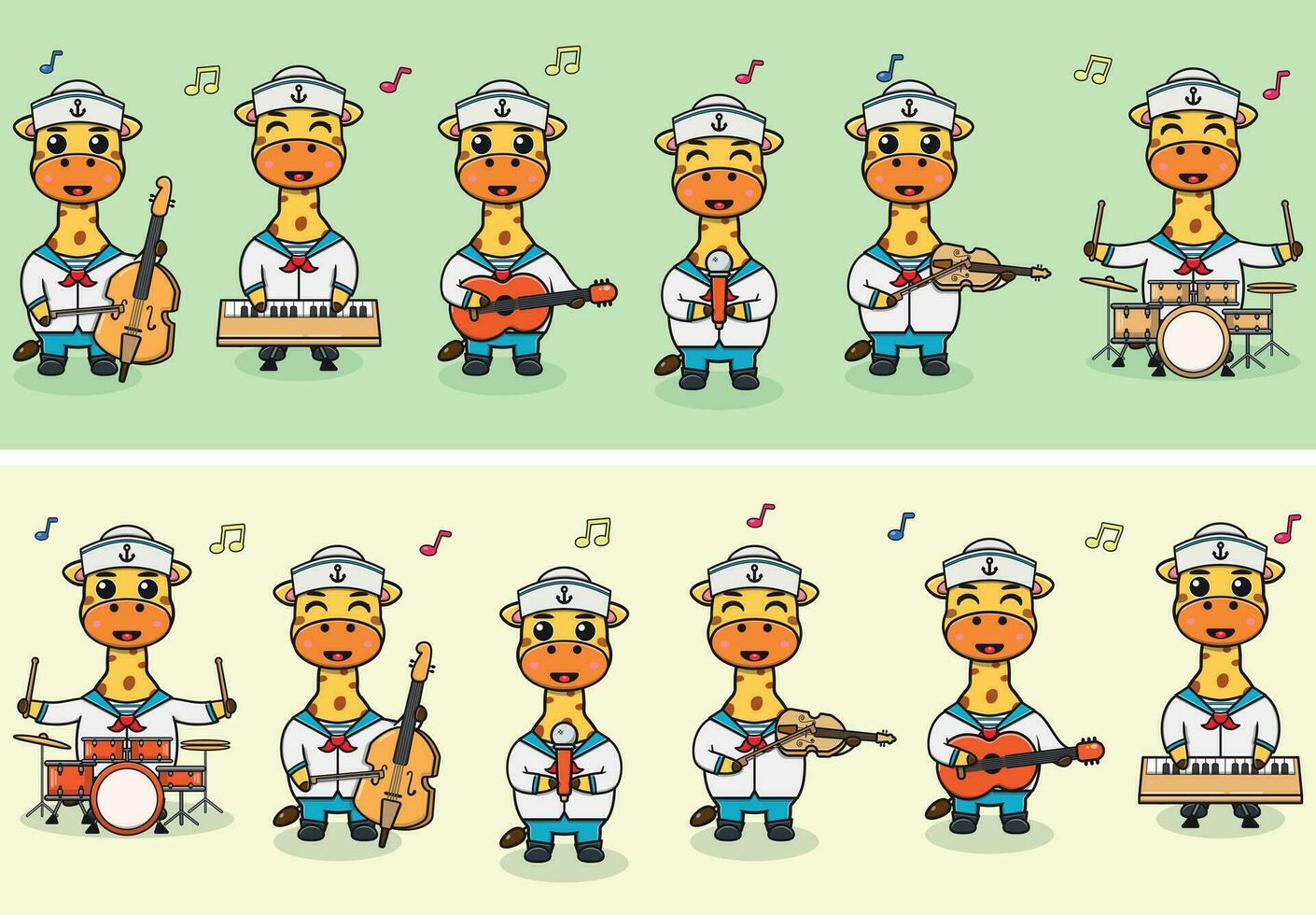 Vector Illustration of Cute Giraffe sailors Music Band. Big set of cute Animal cartoon in professions. Giraffe Cartoon flat style.