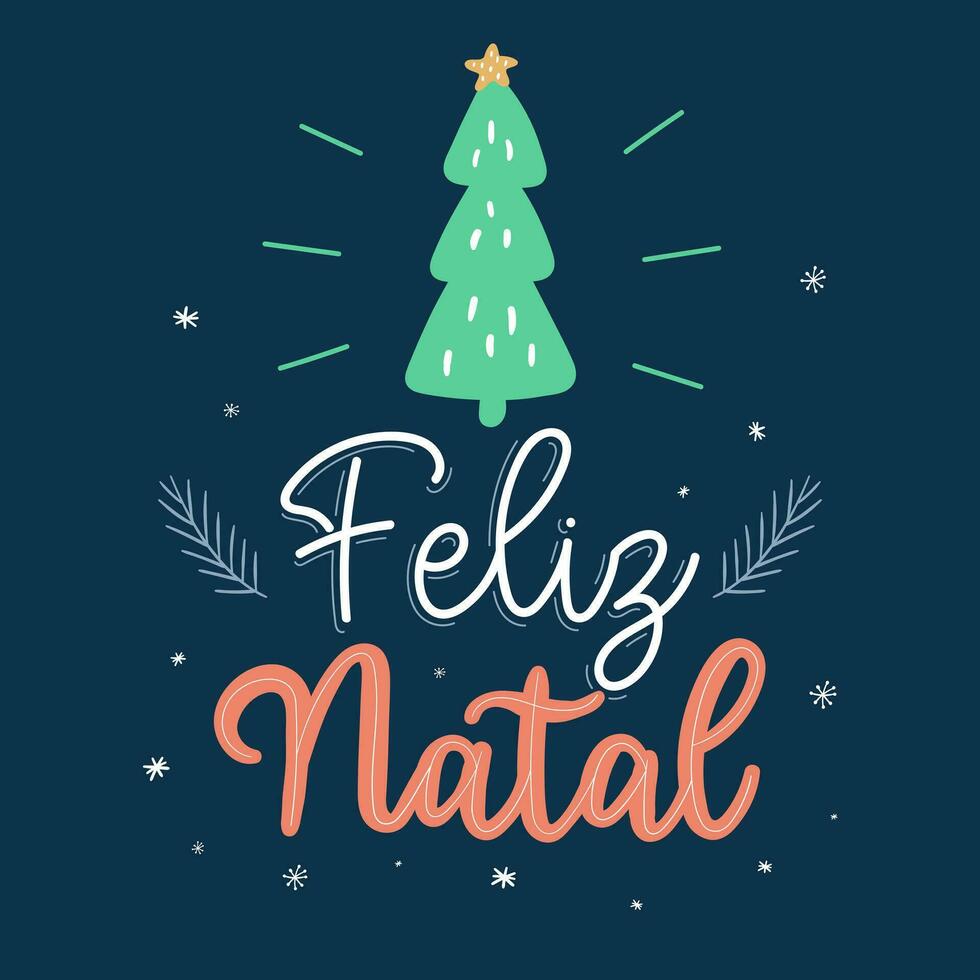 Merry Christmas in Portuguese with christmas tree and stars. vector