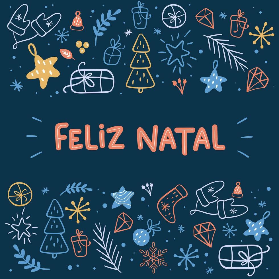alegre Navidad en portugués con vistoso adornos oscuro antecedentes. guantes, pino árbol, Navidad pelotas, regalo, estrellas, hojas. vector