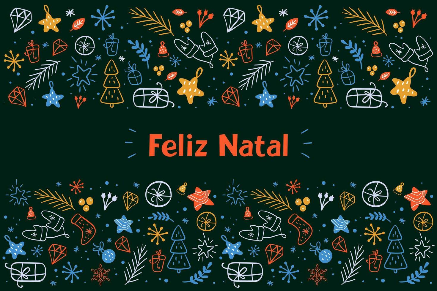 alegre Navidad en portugués con vistoso adornos oscuro antecedentes. guantes, pino árbol, Navidad pelotas, regalo, hielo copos, sucursales. vector