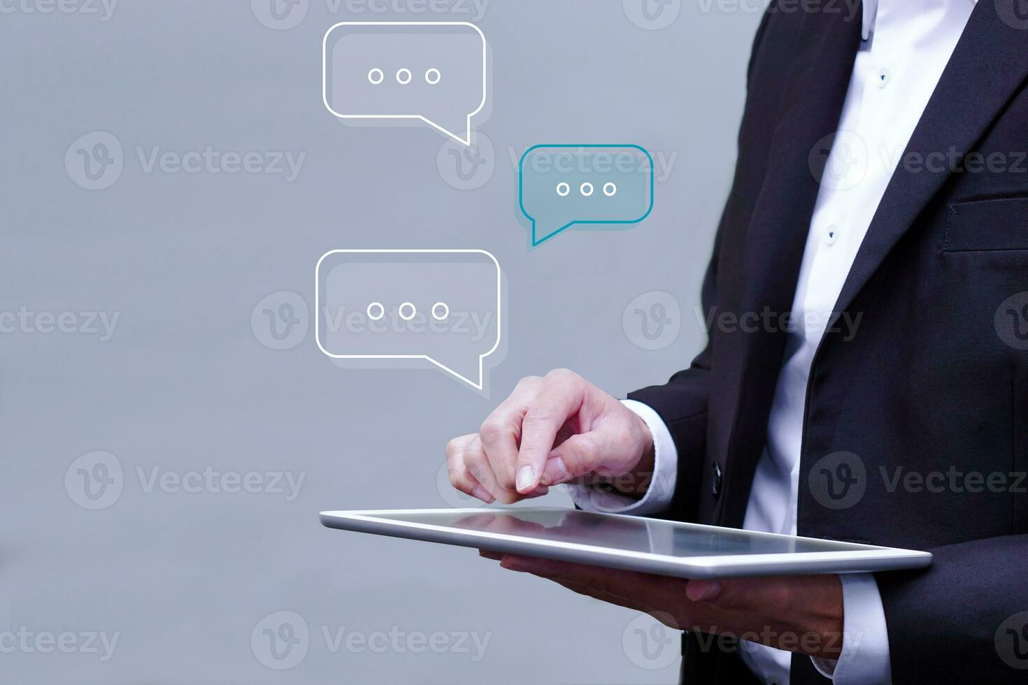 Businessman using tablet chat conversation, show chat message box talking virtual. Communication online and social network. photo