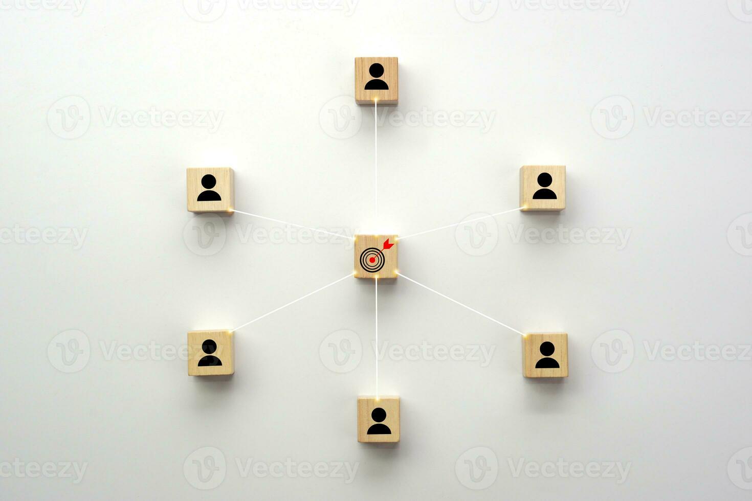 Business icons on wooden cube block with connection link network to target. Concept of Business success goals and strategy planning to success. photo