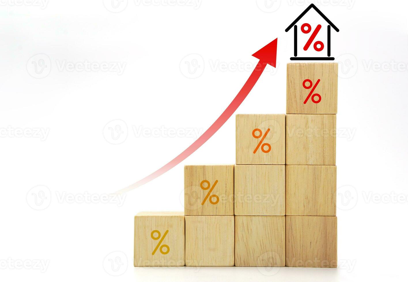 House interest rate with rising percentage and high up arrow icon on wooden blocks cube. Real estate property investment and house loan concept. photo