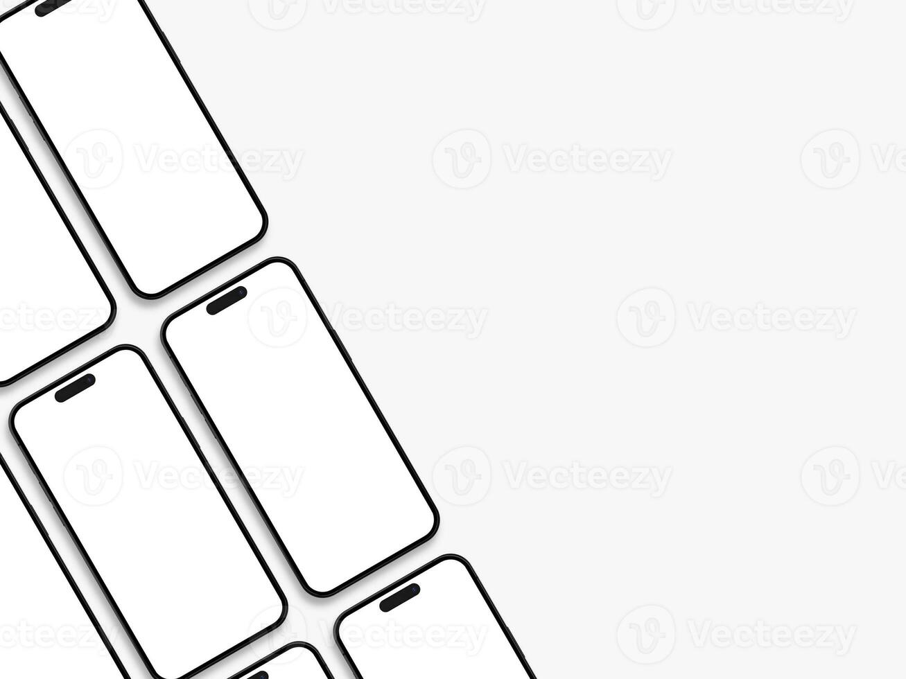 set of diagonal phone 14 pro mockup screen device on the left side with space for text isolated on white background photo