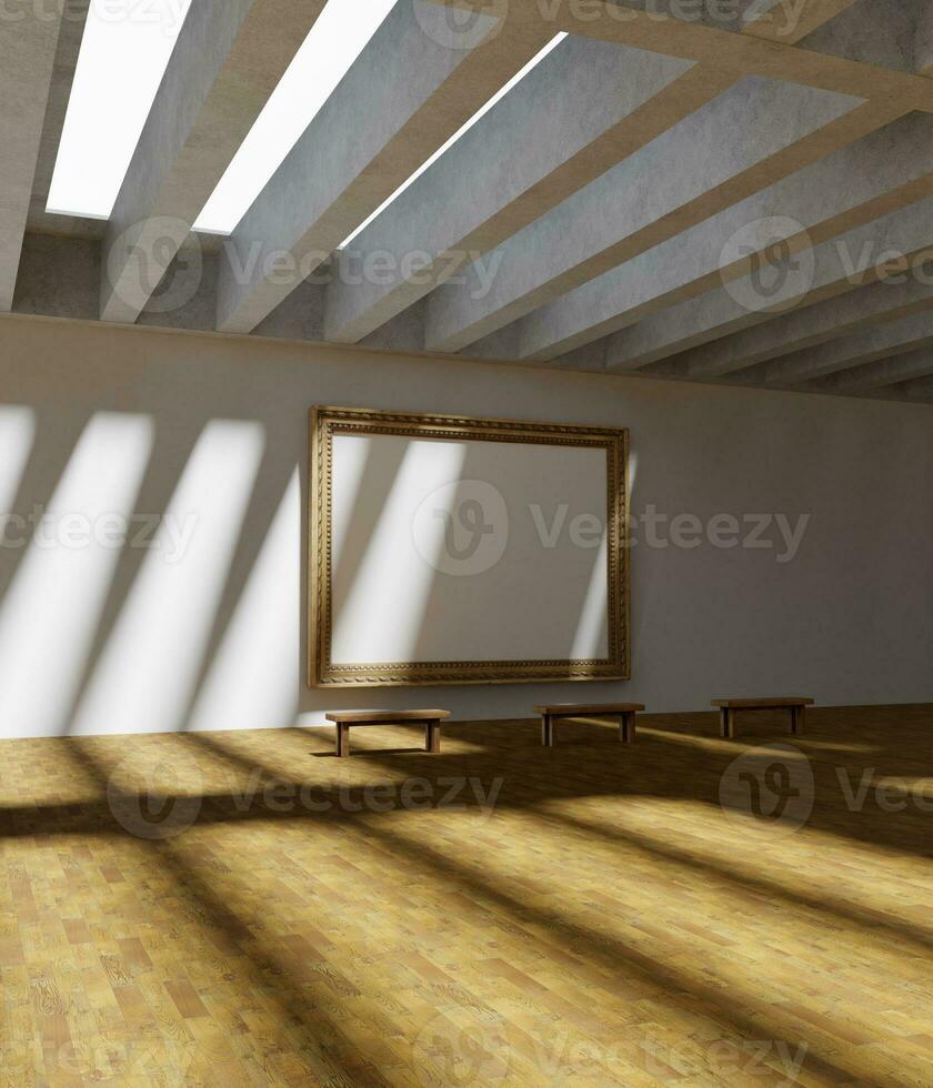 a massive wooden landscape mockup poster in the art gallery hall with bench photo
