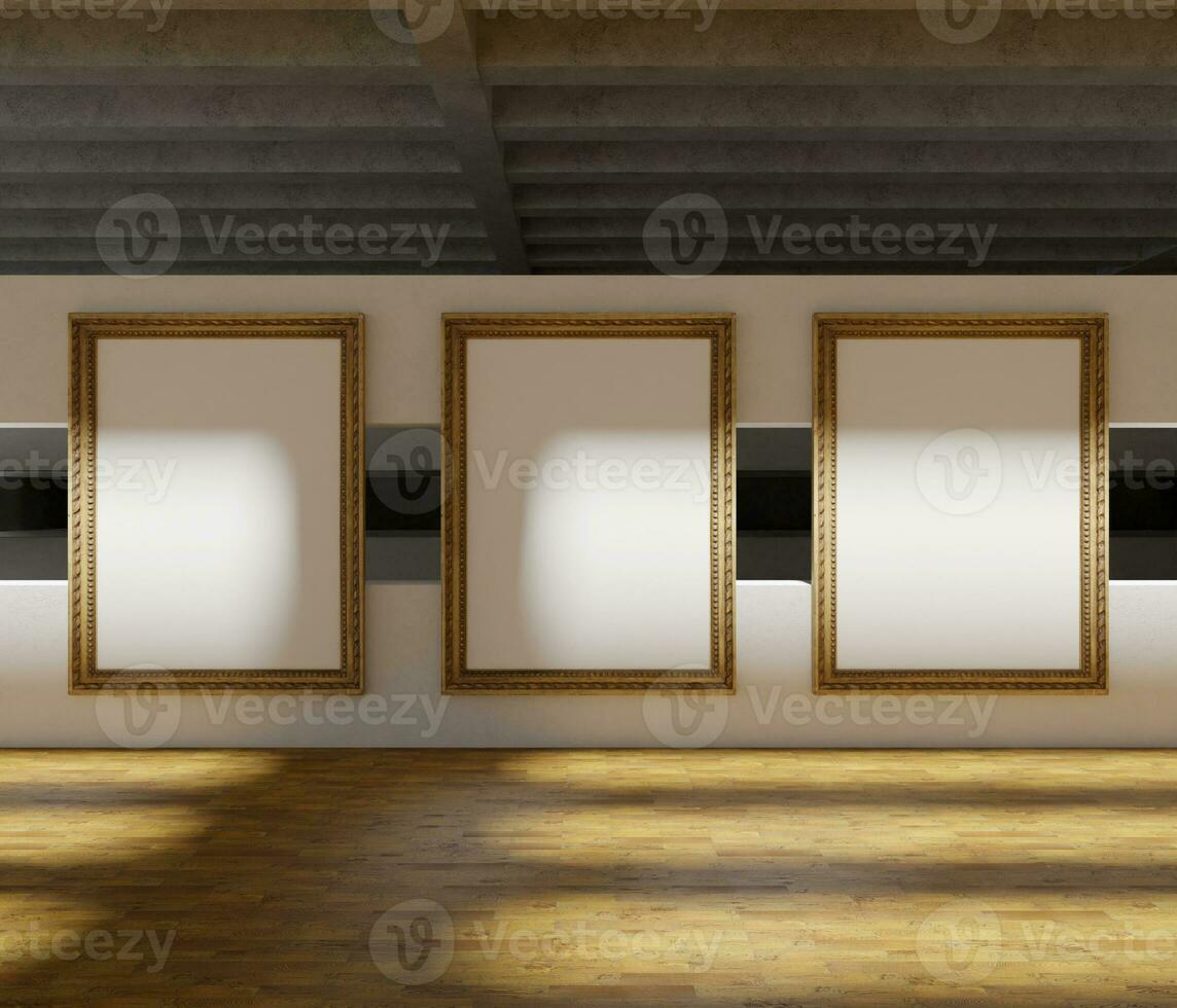 set of three classic wooden frame mockup poster in the art gallery hall of museum photo