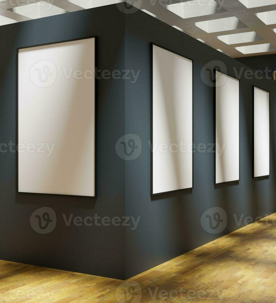 minimalist frame mockup poster hanging on the navy wall in art gallery photo
