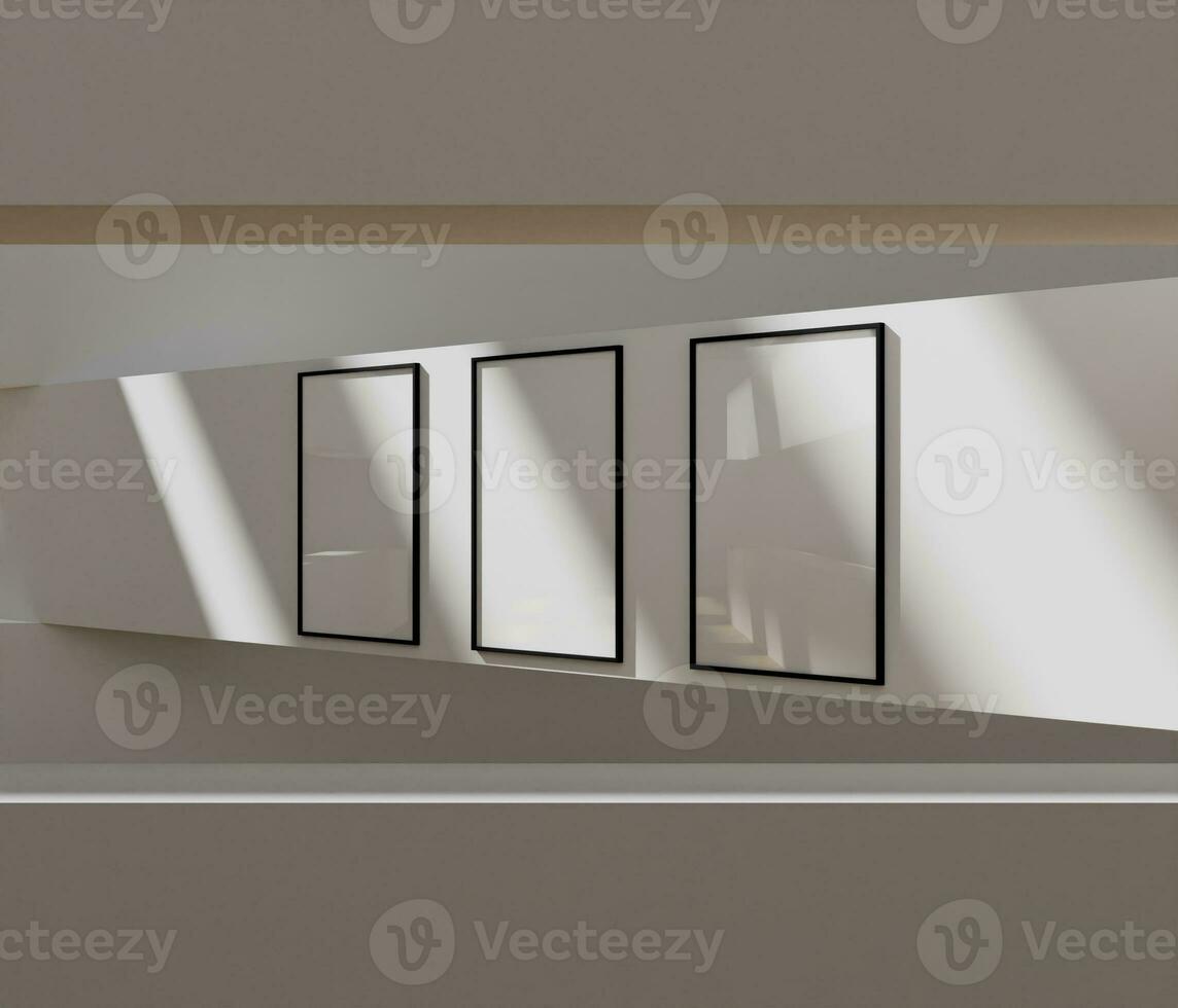 aesthetic and ciematic set of three frame mockup poster in the art gallery lit by sunlight photo