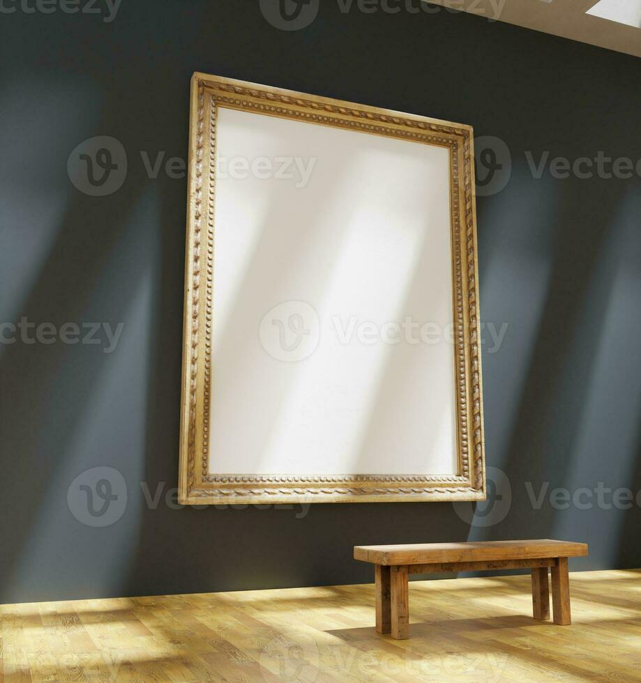 massive and big classic wooden frame mockup poster in the art gallery with bench photo