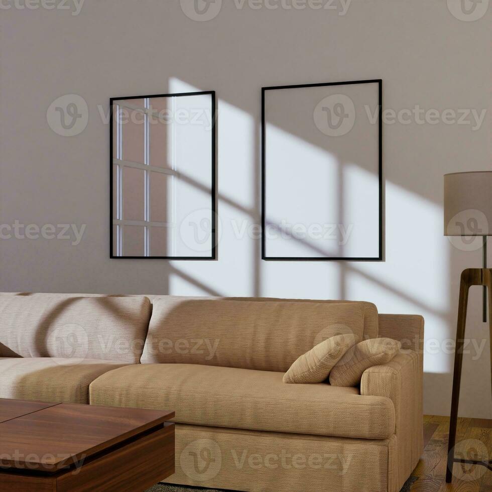 set of two frame mockup poster template hanging on the white wall in the living room photo