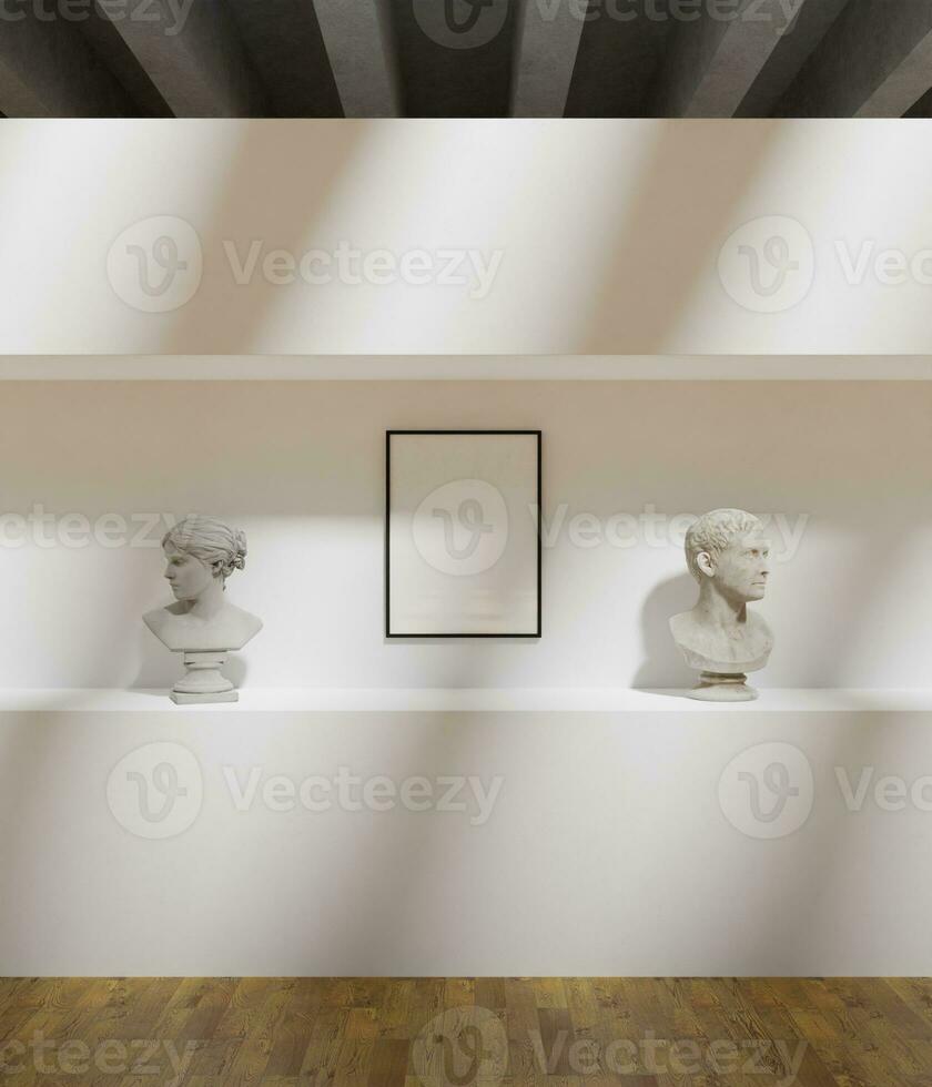 simple minimalist frame mockup poster in the art gallery museum with statue decoration photo