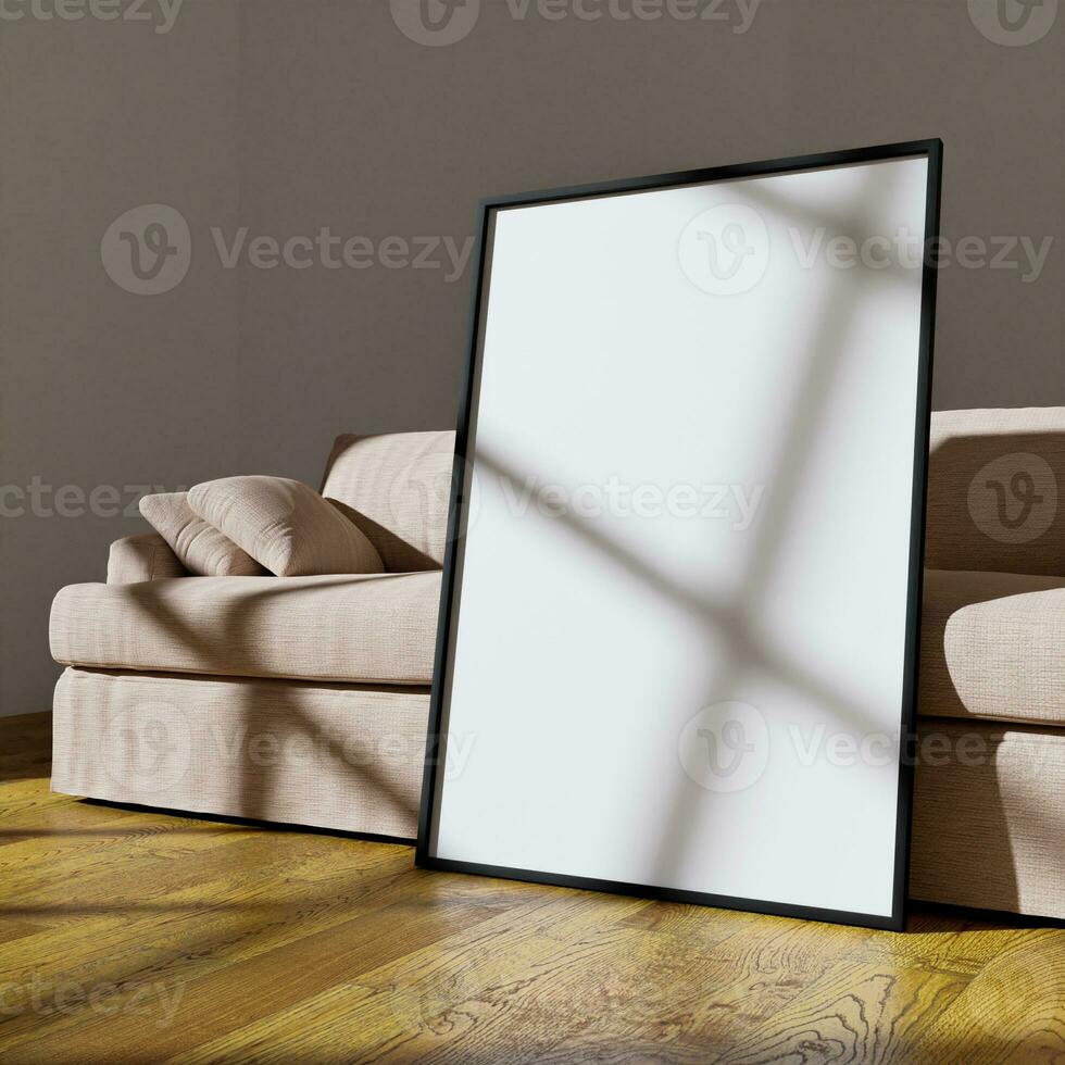 70x100 frame mockup poster leaning on the beige sofa light by sunlight