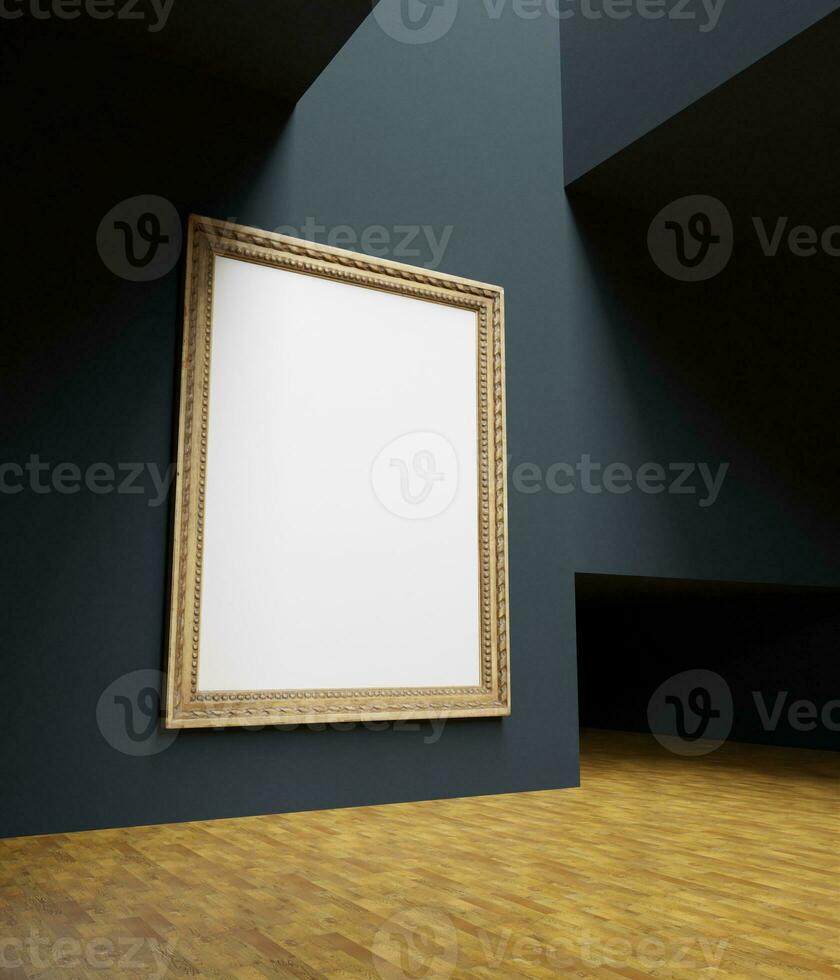 a massive vintage wooden frame mockup poster hanging in the minimalist art gallery photo