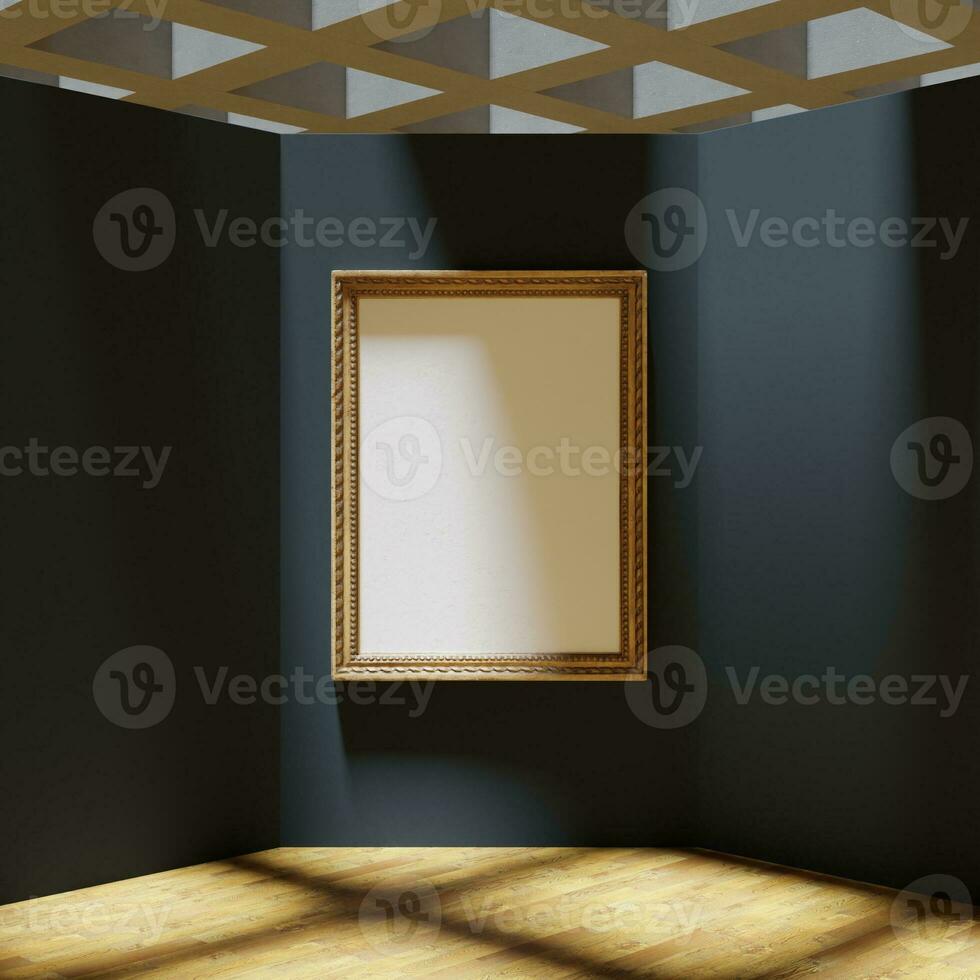 big and classic wooden frame mockup poster hanging on the navy blue wall in the corner of the art gallery room photo