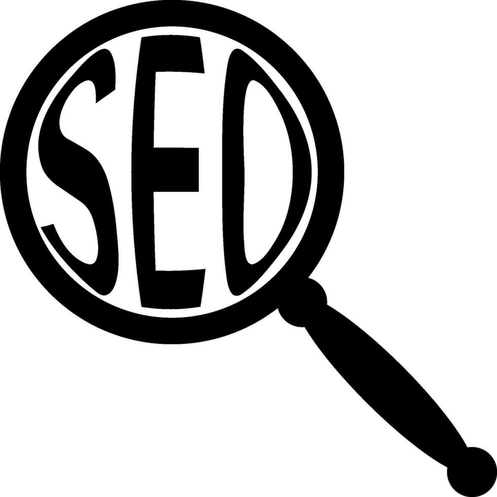 icono SEO, aumentador vaso magnifica texto palabra SEO, concepto buscar vector