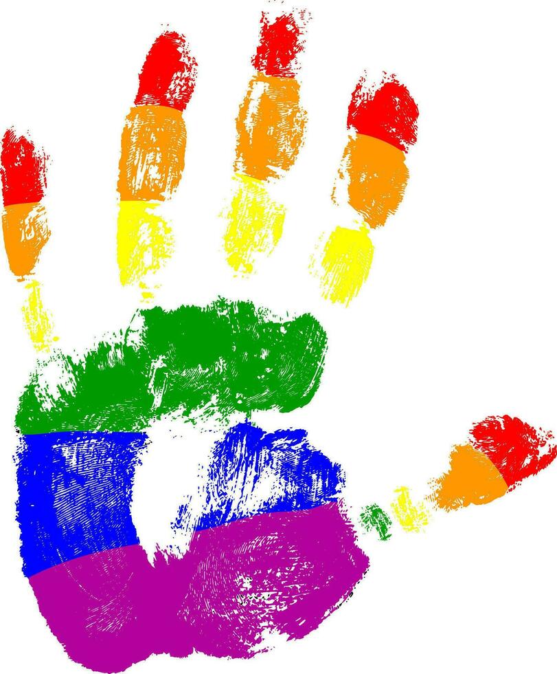 Stop homophobia, handprint colors LGBT flag, palm stopping homophobia  gay vector