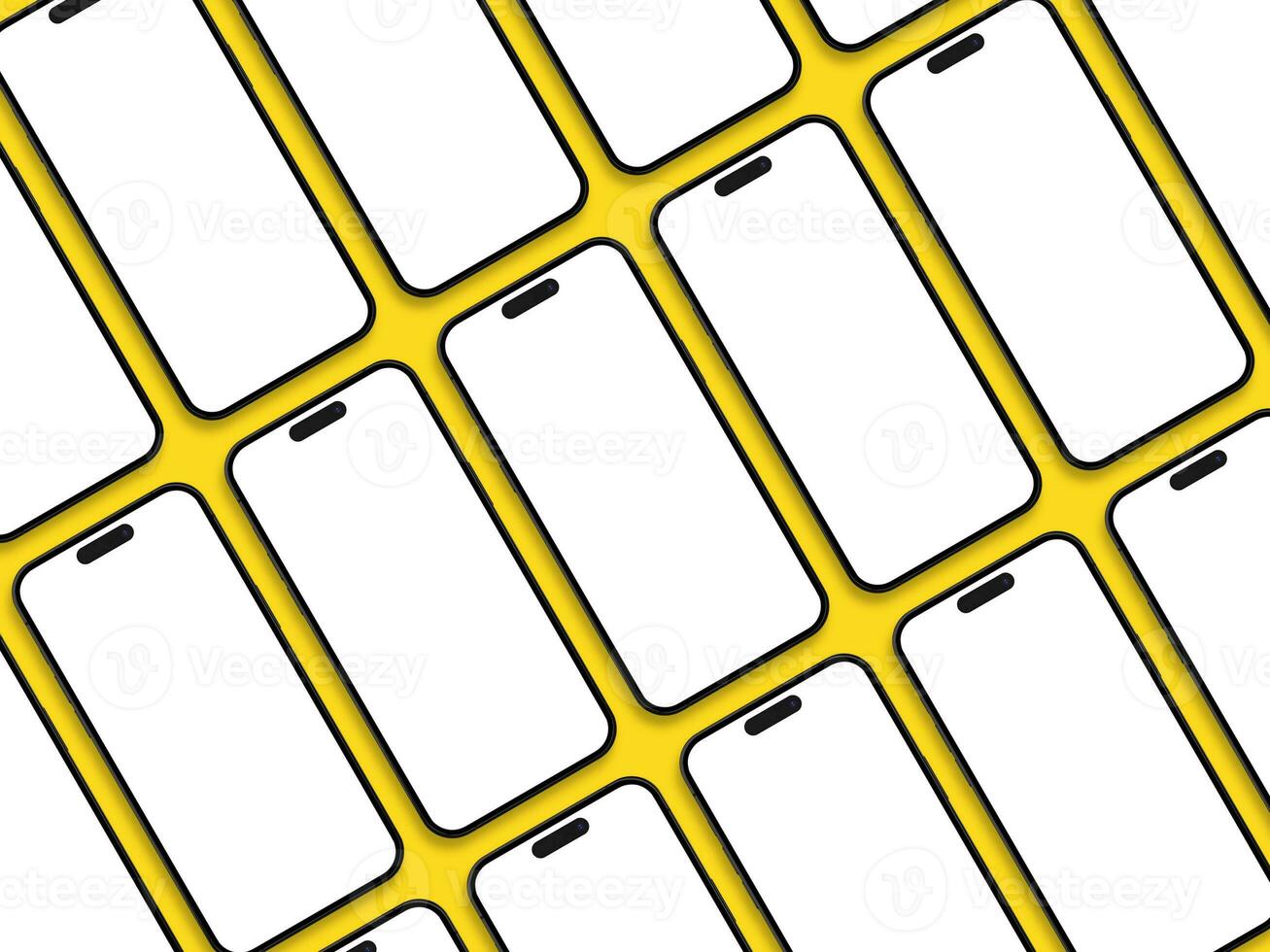 set of collection diagonal phone 14 pro mockup blank screen on the yellow backgorund for UI UX template design phone photo