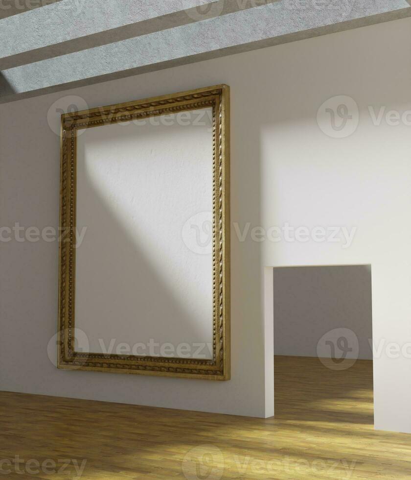 a massive classic wooden frame mockup poster beside the door lit by sunlight in the museum art gallery photo