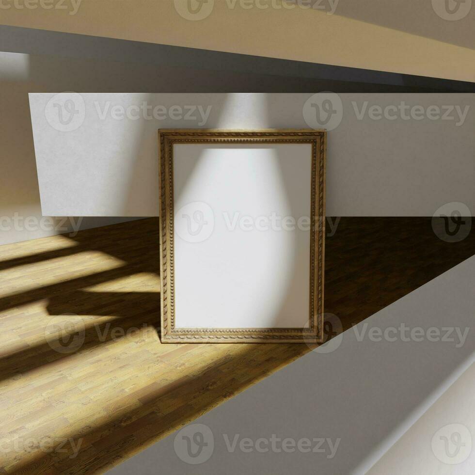 classic wooden frame mockup poster leaning on the white pilar in the art gallery photo