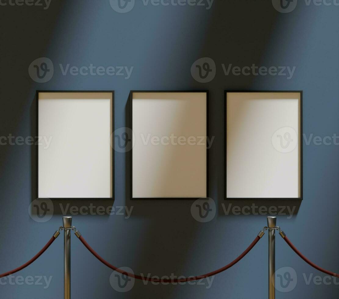 set of three frame mockup poster hangin on the blue navy wall with stanchion in museum photo