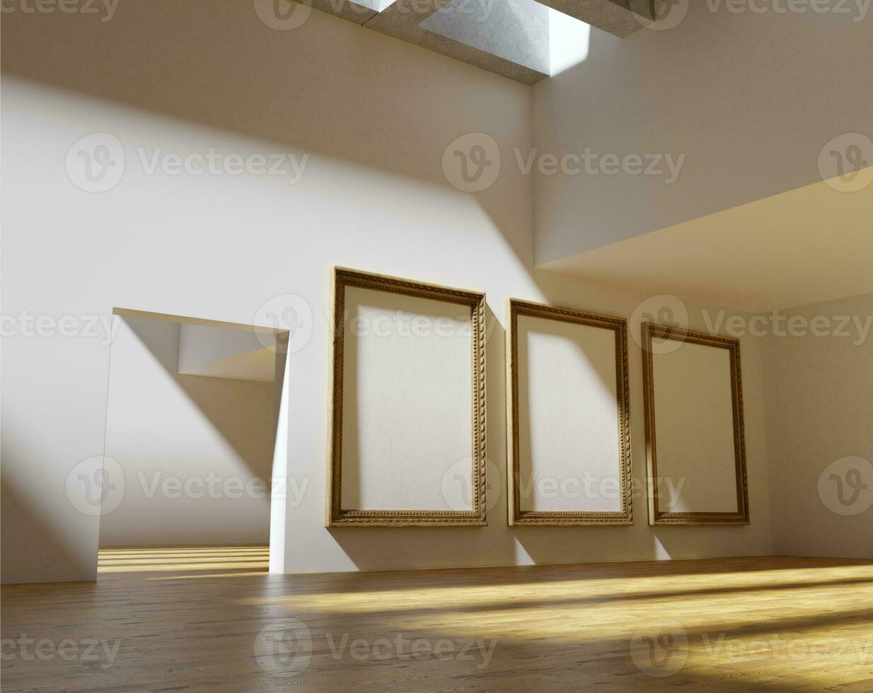 conjunto de Tres de madera marco Bosquejo póster iluminado por luz de sol en el minimalista interior foto