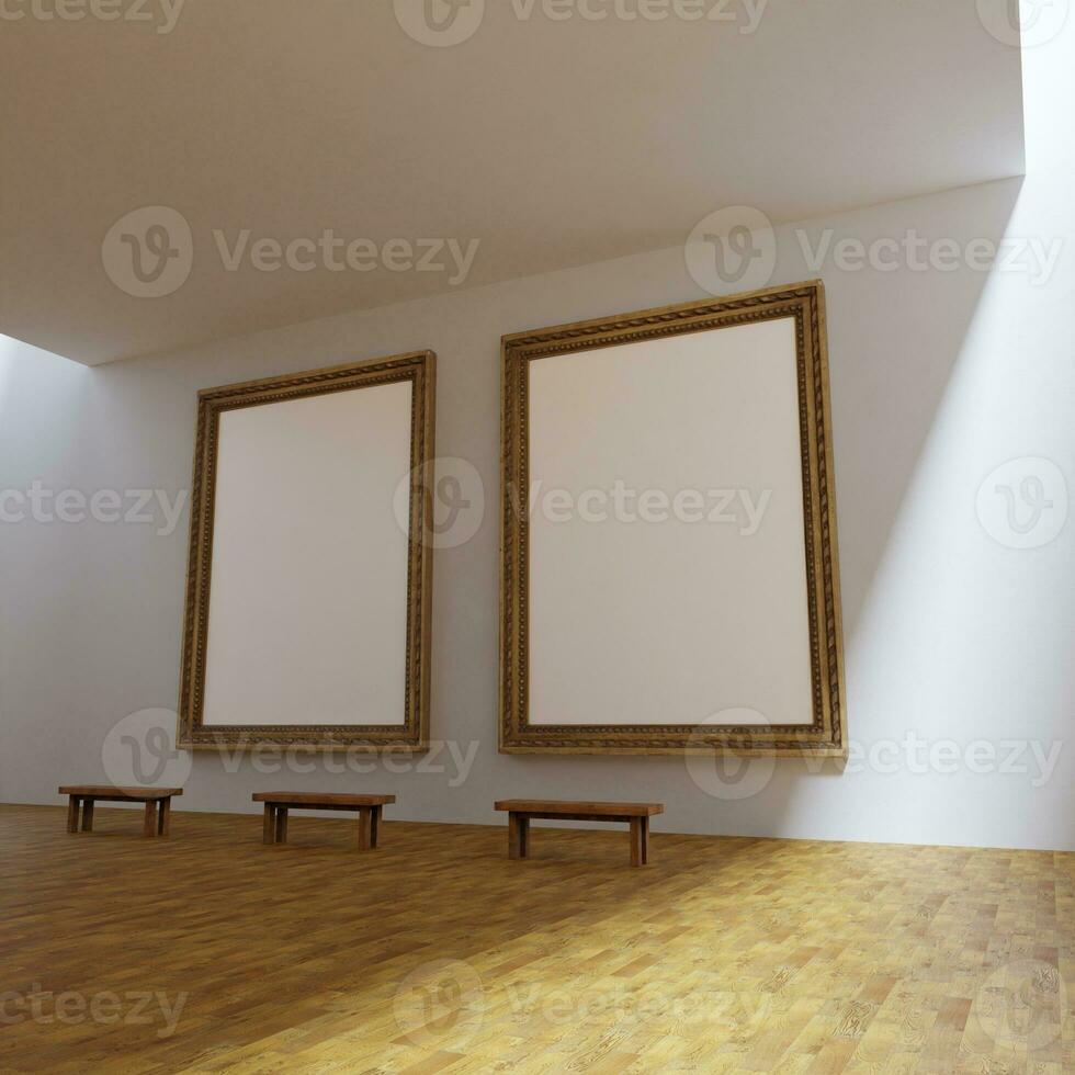 a couple of classic frame mockup poster hanging on the white wall in the art gallery lit by sunlight with bench decoration photo