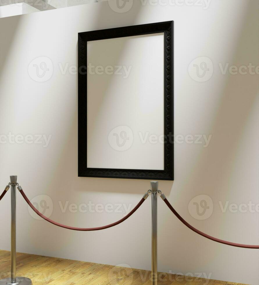 portrait of black wooden frame mockup poster hanging on the white museum wall photo