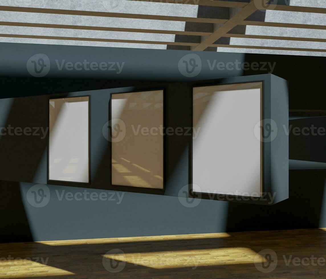set of three frame mockup poster on the blue wall in the art gallery photo