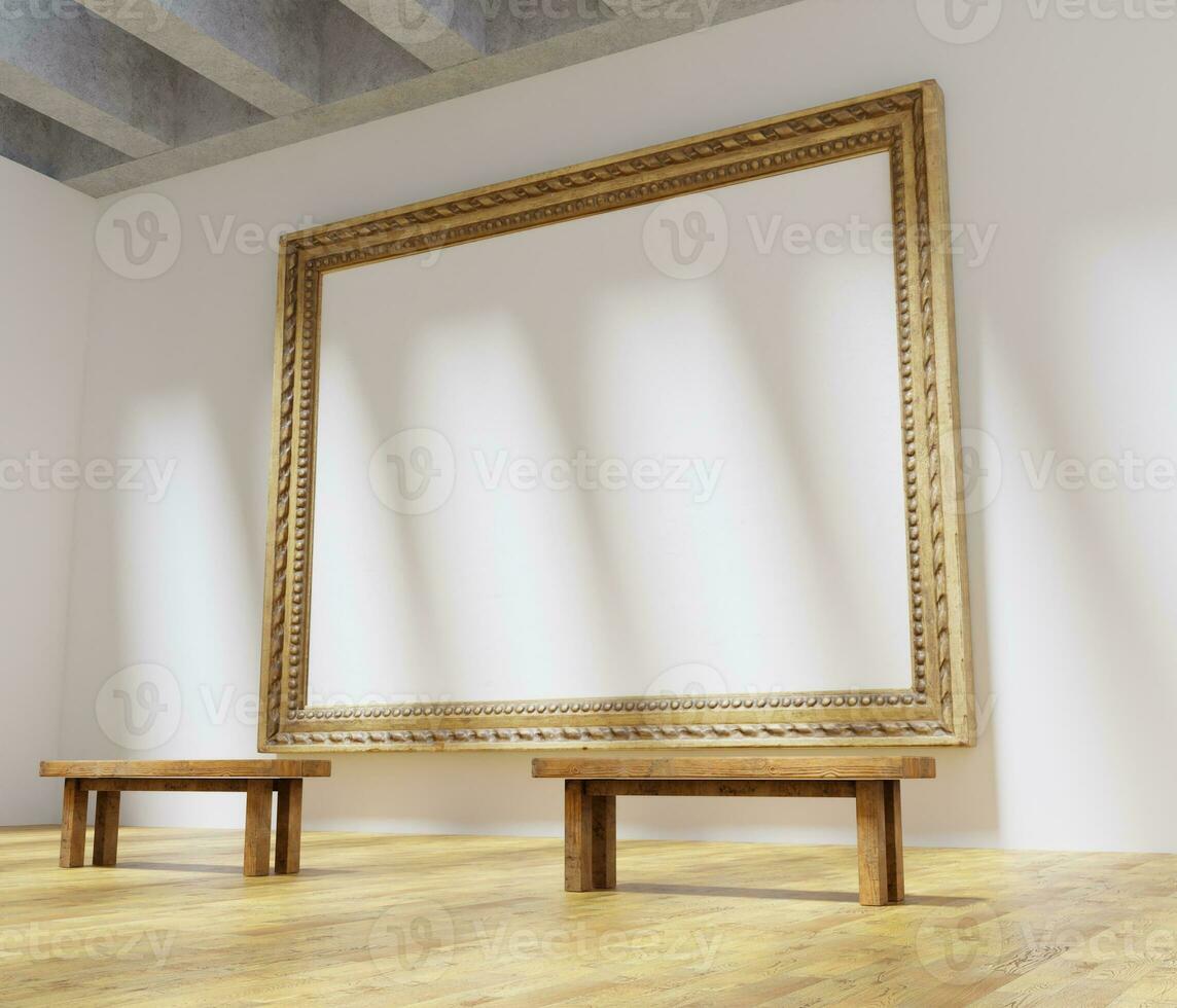 a massive classic wooden frame mockup poster in the museum art gallery photo