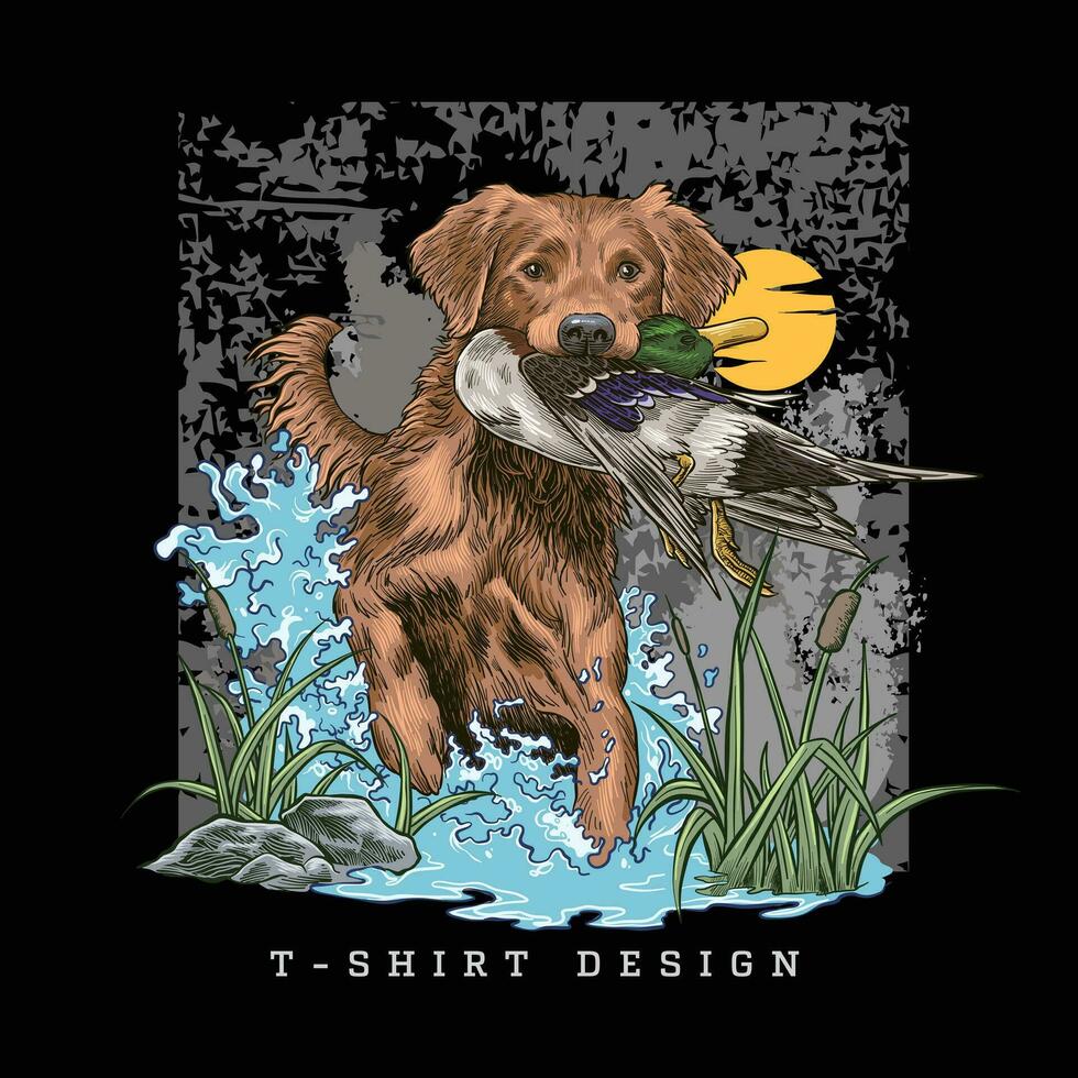 hunting dog t-shirt design catching ducks in a swamp vector