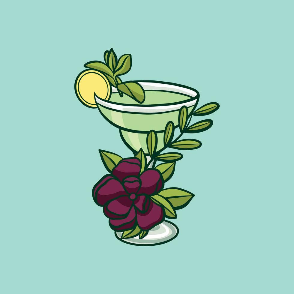 champagne glass with blooming flowers, leaves, splashes and bubbles. spring illustration. Cocktails, fresh juices, floral wine in drink glasses. Summer party, vector poster