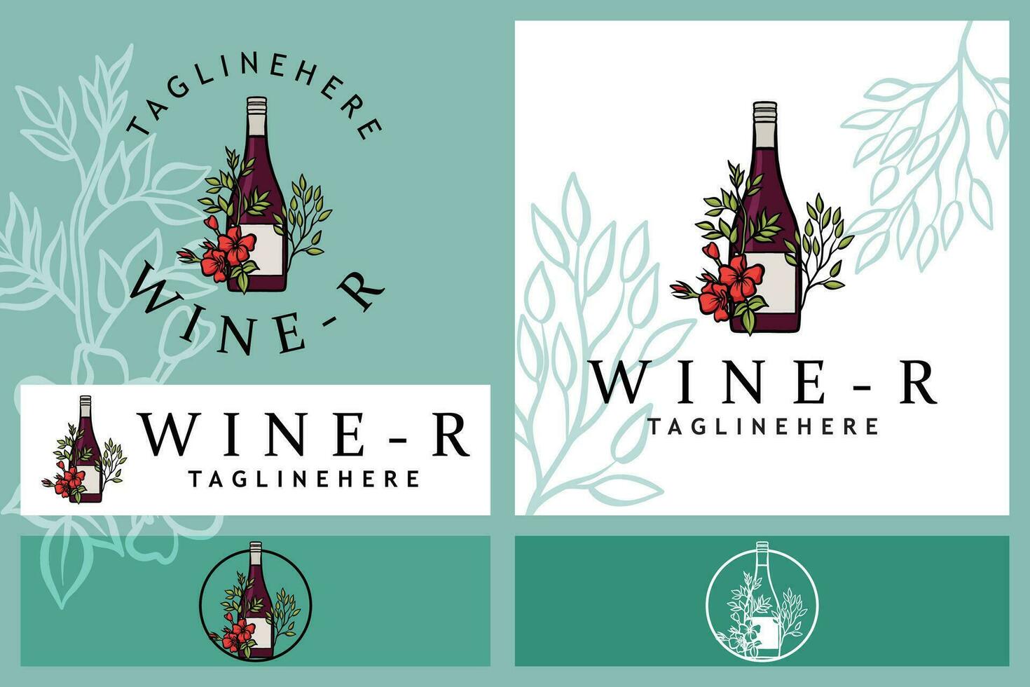 Vector illustration set of alcohol bottles combination of flowers and glasses, wine logo