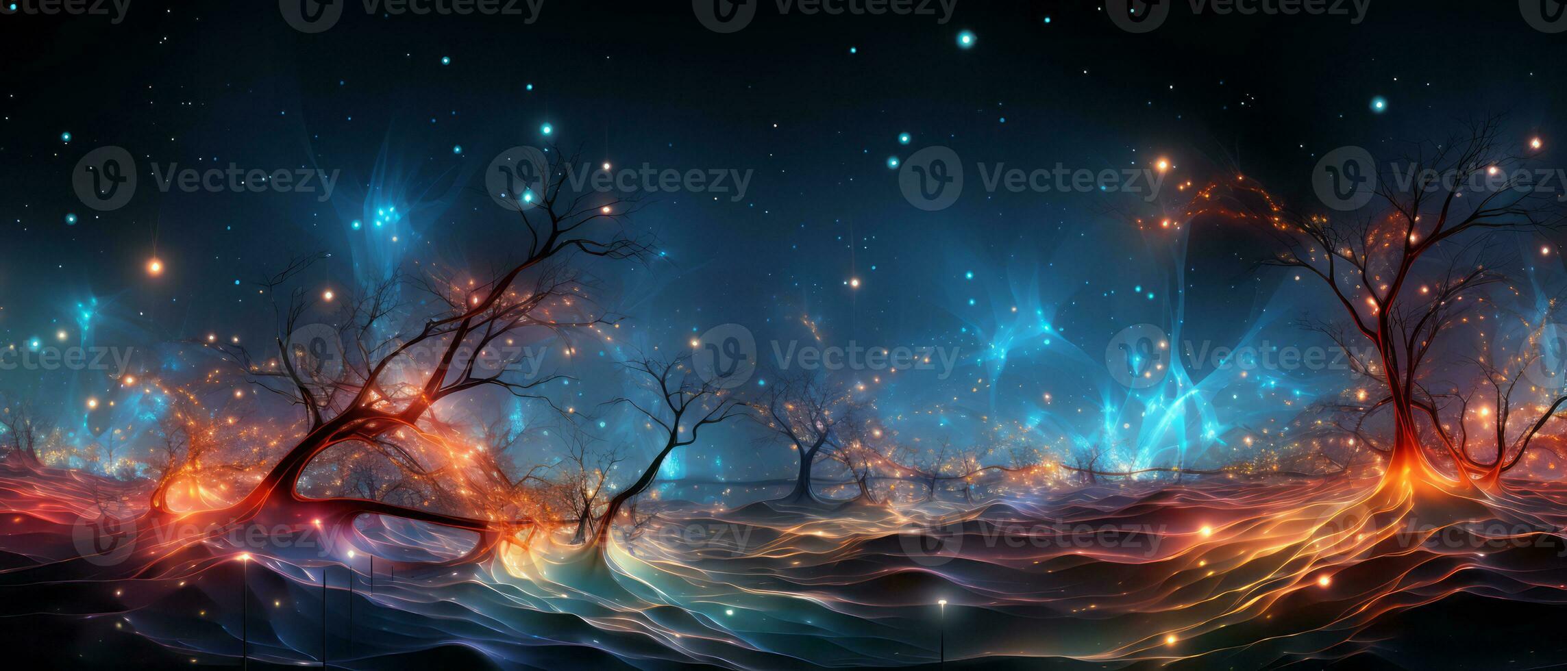 Fantasy landscape with dead trees and glowing stars. Digital abstract background. AI Generated. photo